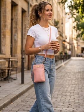 Juicy Couture Pink Pebbled Crossbody Phone Pouch with Gold Logo